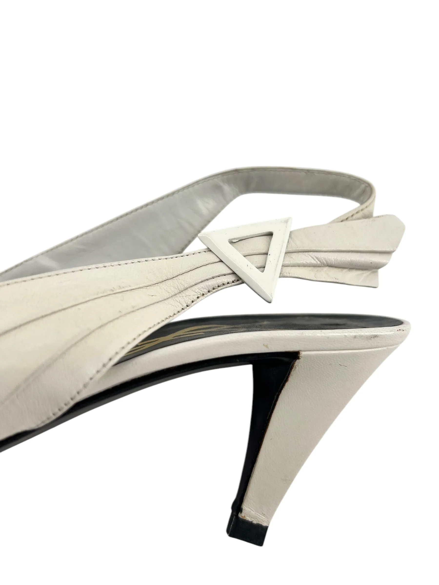 Yves Saint Laurent 1985 Deco Winged Eggshell White Slingback Heels