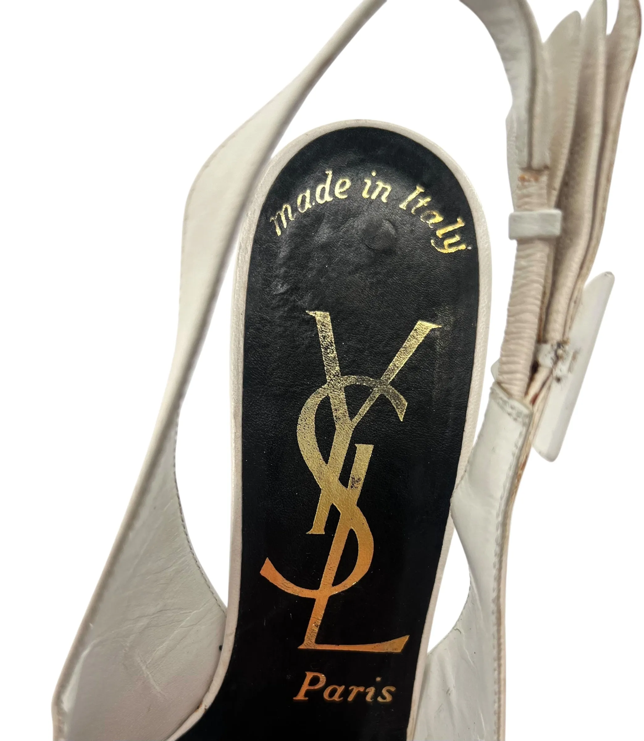 Yves Saint Laurent 1985 Deco Winged Eggshell White Slingback Heels